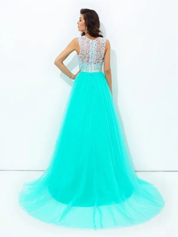A-line/Princess Scoop Lace Sleeveless Long Net Dresses