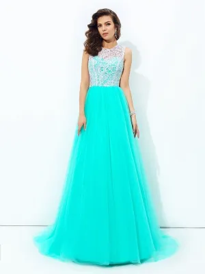 A-line/Princess Scoop Lace Sleeveless Long Net Dresses
