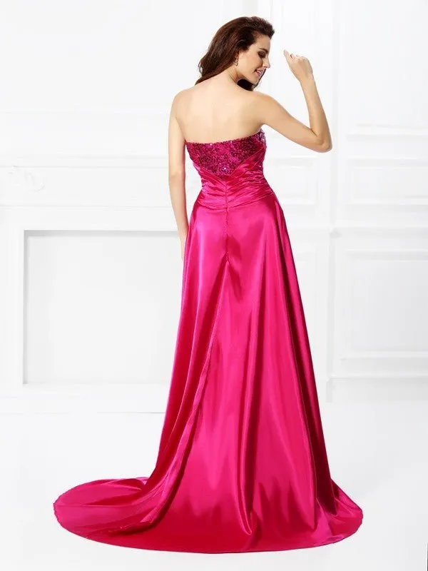 A-Line/Princess Sweetheart Beading Sleeveless High Low Elastic Woven Satin Dresses
