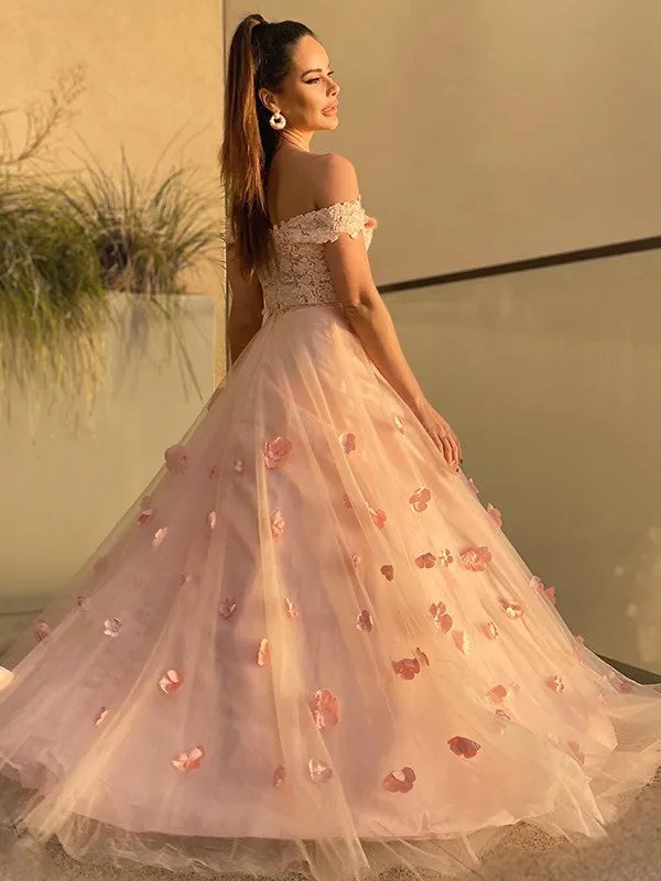 A-Line/Princess Tulle Hand-Made Flower Off-the-Shoulder Sleeveless Floor-Length Two Piece Dresses