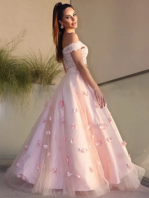 A-Line/Princess Tulle Hand-Made Flower Off-the-Shoulder Sleeveless Floor-Length Two Piece Dresses