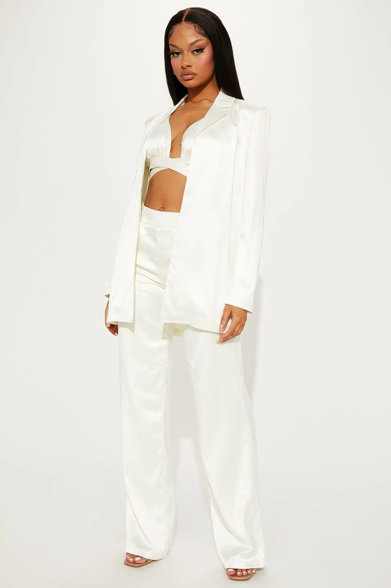 Adrianna 3 Piece Satin Blazer Pant Set - White