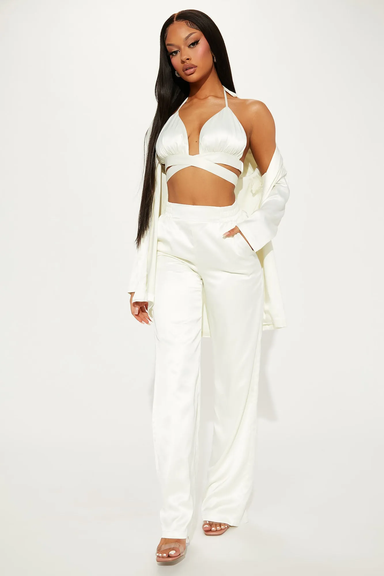Adrianna 3 Piece Satin Blazer Pant Set - White