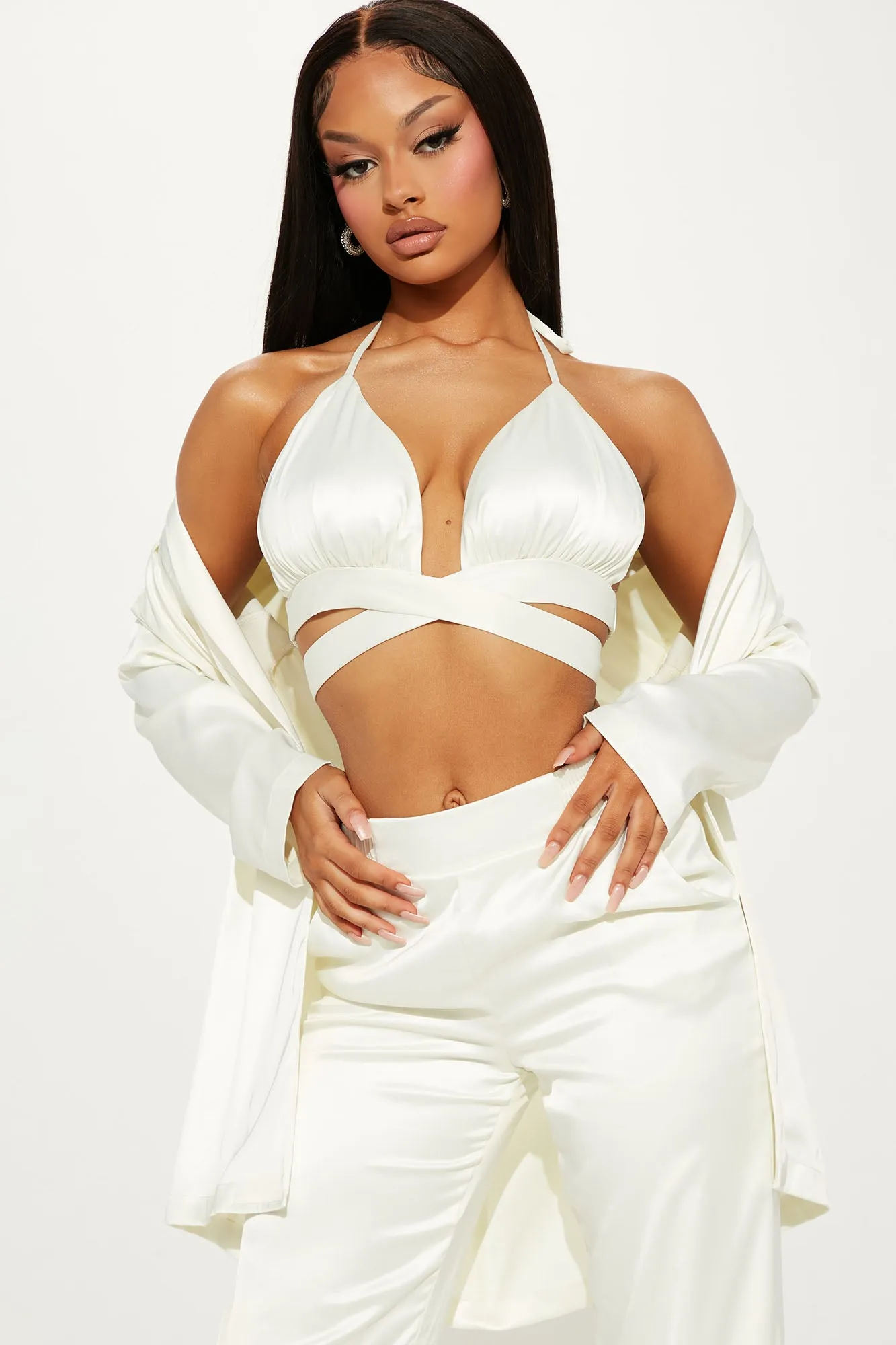 Adrianna 3 Piece Satin Blazer Pant Set - White