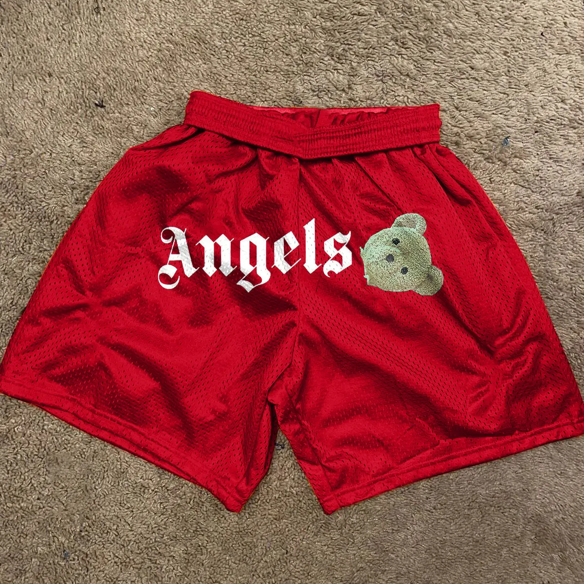 Angel Print Vintage Mesh Track Shorts