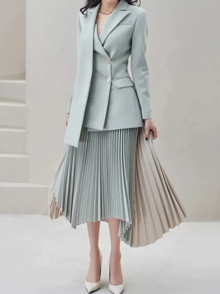 Asymmetric Contrast Pleated Blazer Skirt Set