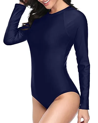 Athletic Style Zipper Back Design Swimwear Zipper Rash Guard For Women-Navy Blue