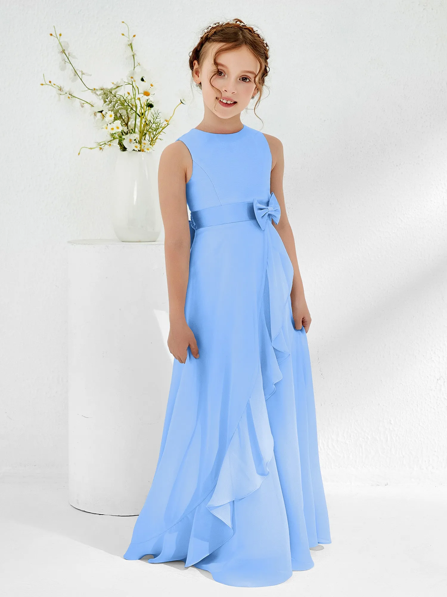 Bateau Neckline Ruffle Junior Bridesmaid Gowns Blue