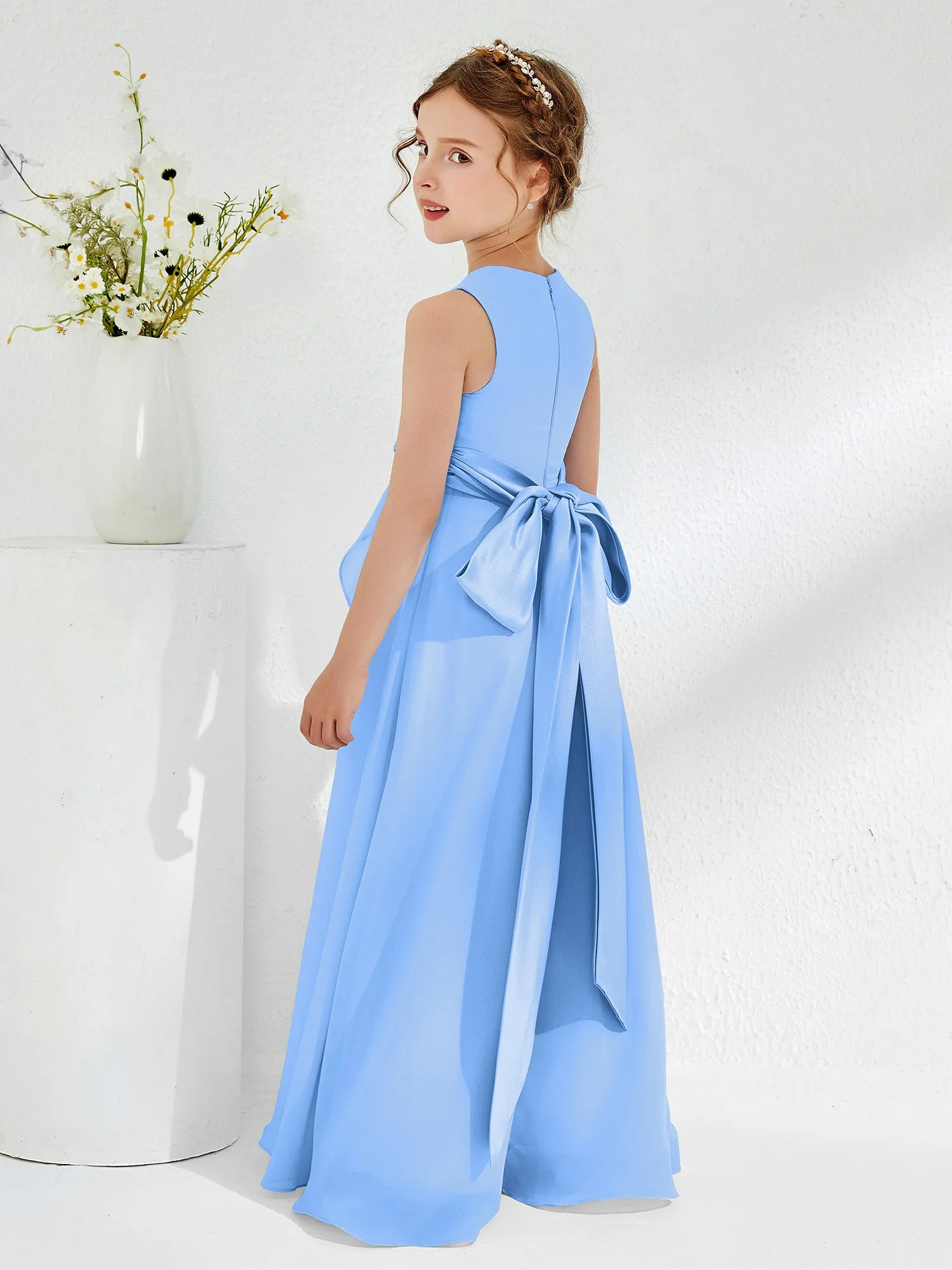 Bateau Neckline Ruffle Junior Bridesmaid Gowns Blue