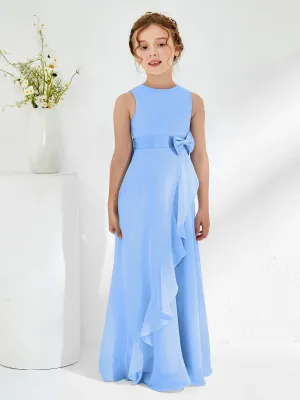 Bateau Neckline Ruffle Junior Bridesmaid Gowns Blue