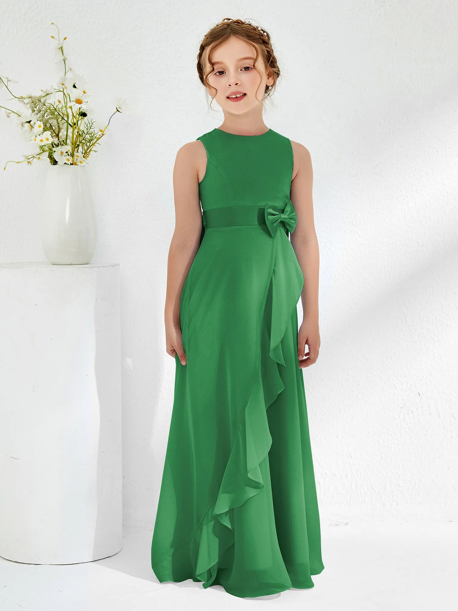 Bateau Neckline Ruffle Junior Bridesmaid Gowns Emerald