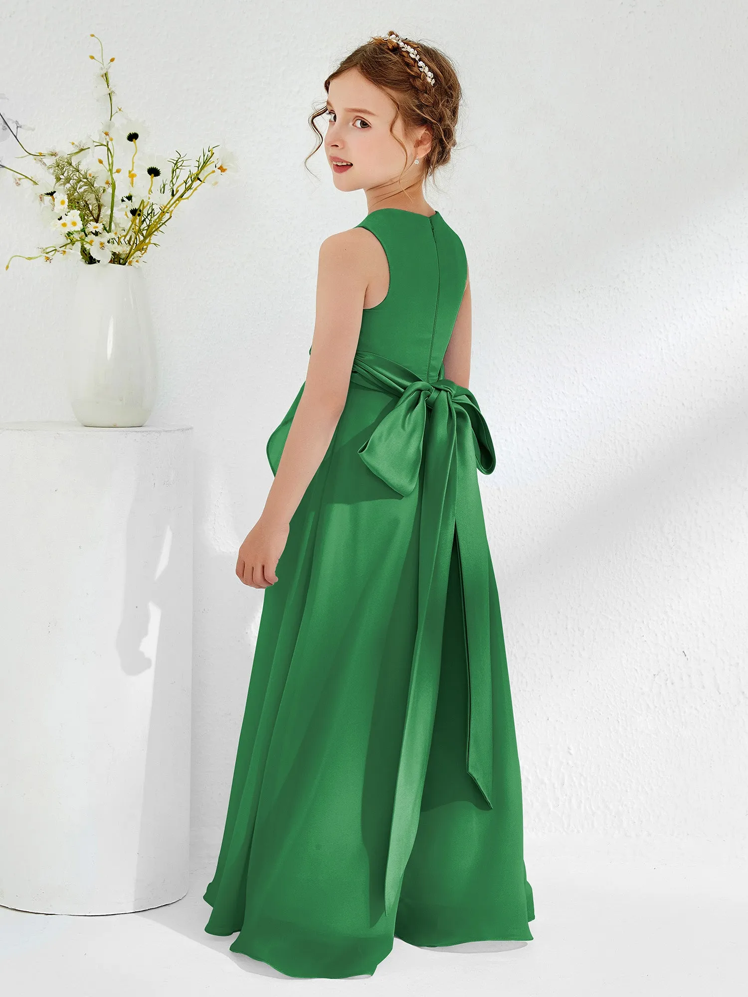 Bateau Neckline Ruffle Junior Bridesmaid Gowns Emerald