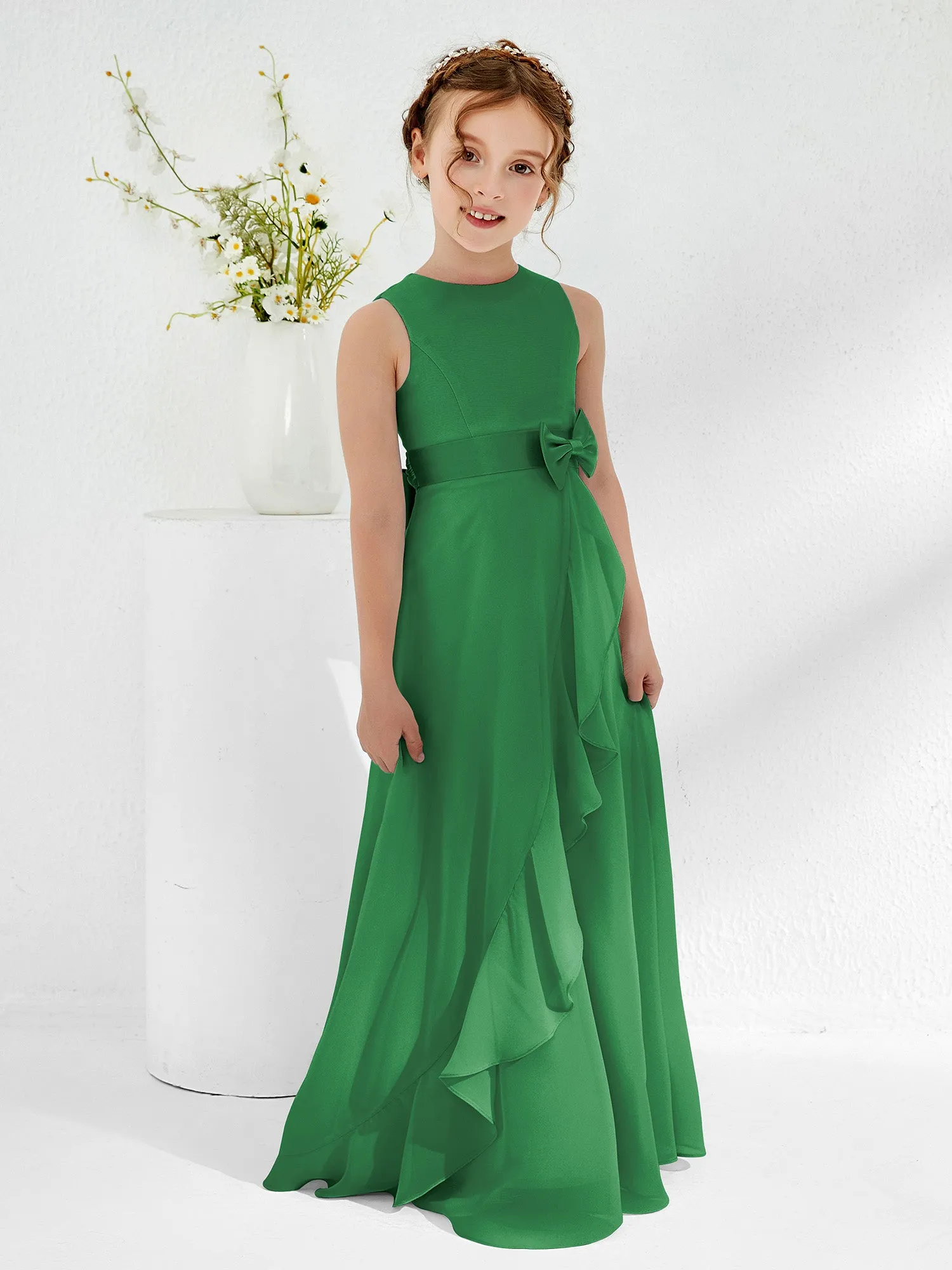 Bateau Neckline Ruffle Junior Bridesmaid Gowns Emerald