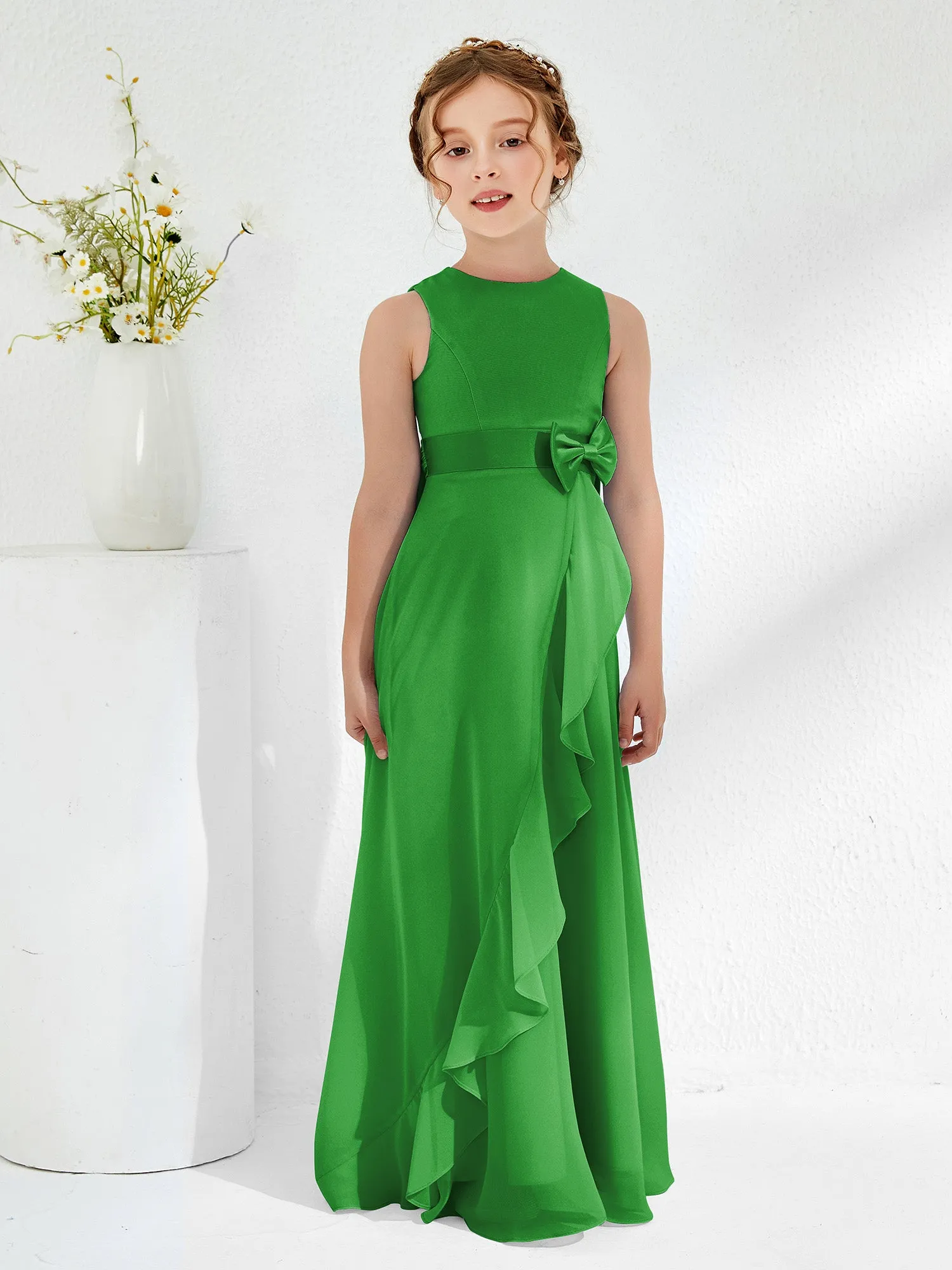 Bateau Neckline Ruffle Junior Bridesmaid Gowns Green