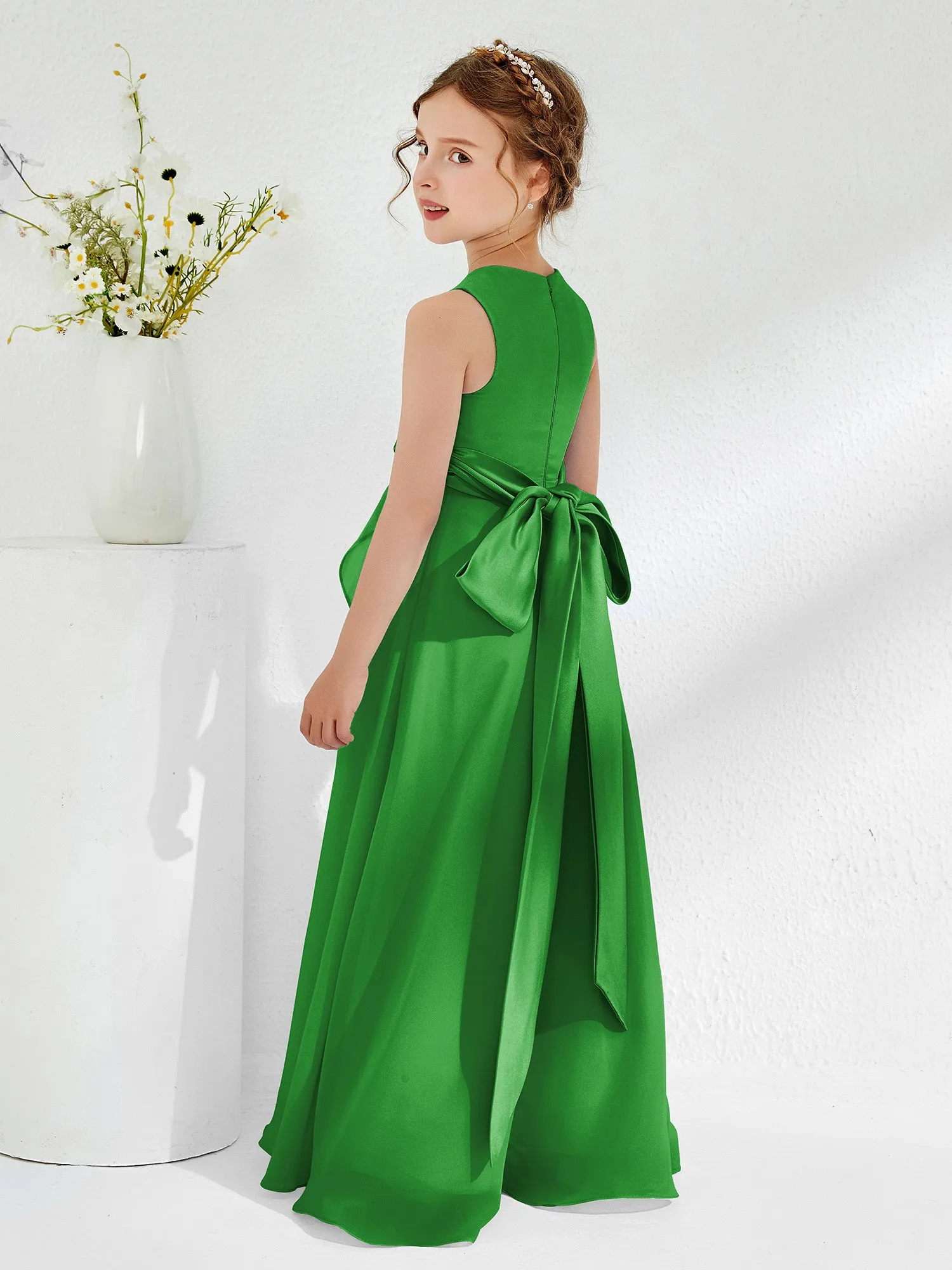 Bateau Neckline Ruffle Junior Bridesmaid Gowns Green