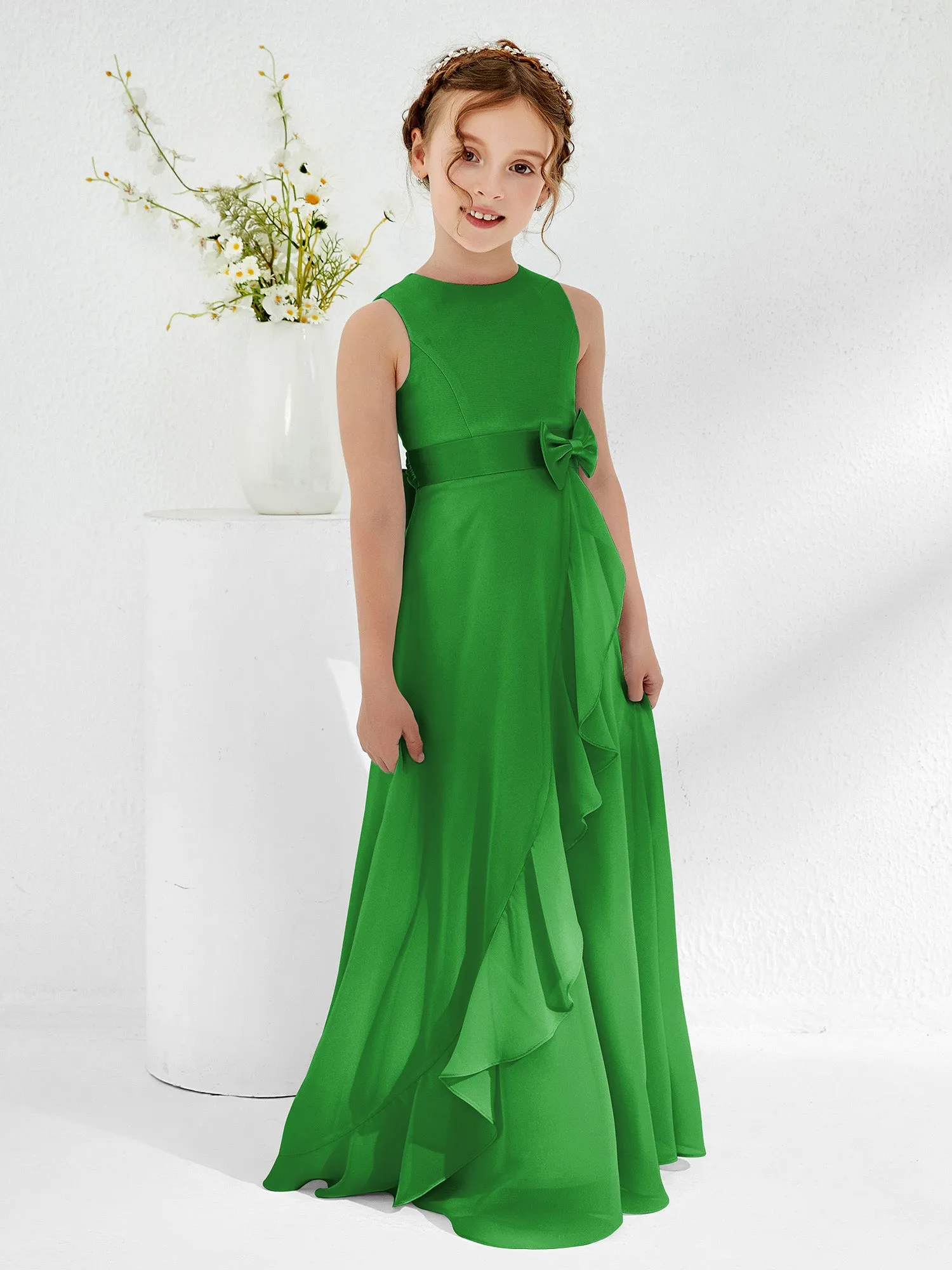 Bateau Neckline Ruffle Junior Bridesmaid Gowns Green