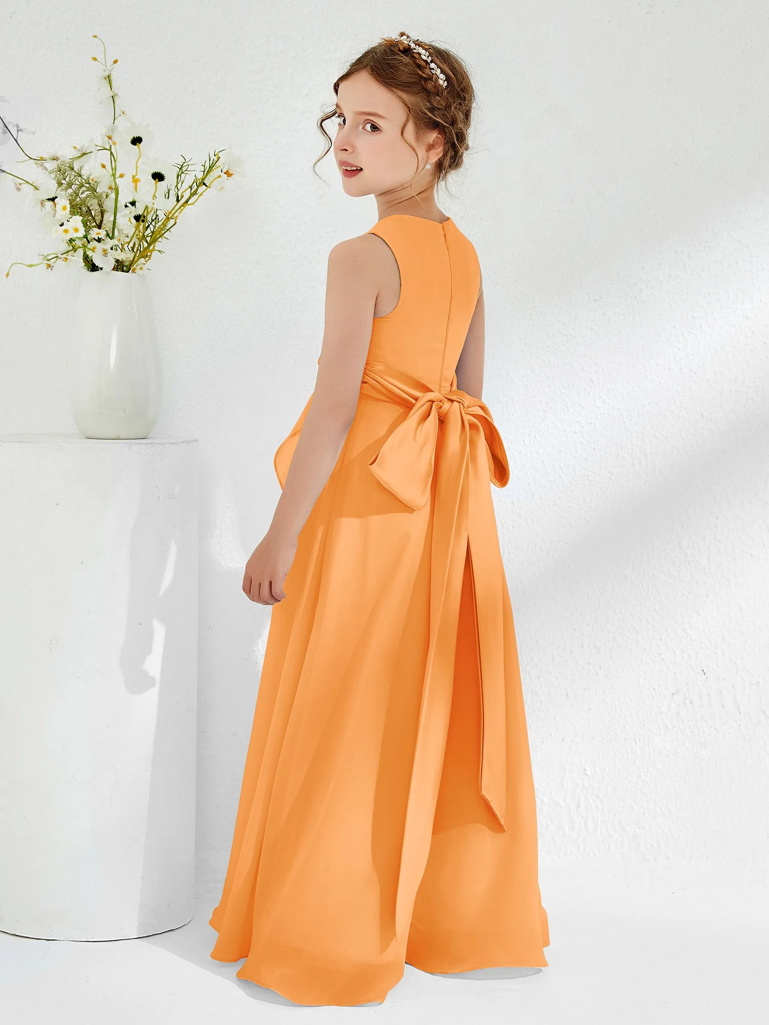 Bateau Neckline Ruffle Junior Bridesmaid Gowns Orange