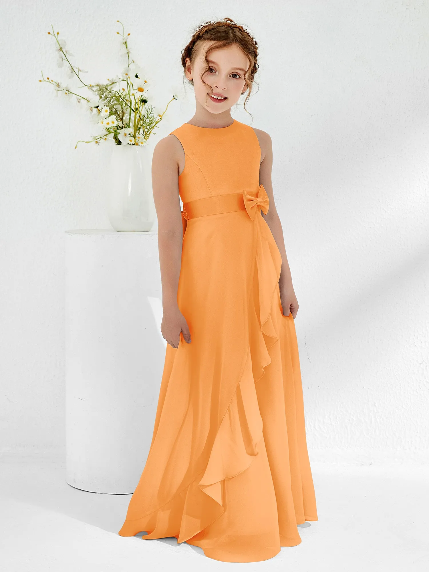 Bateau Neckline Ruffle Junior Bridesmaid Gowns Orange