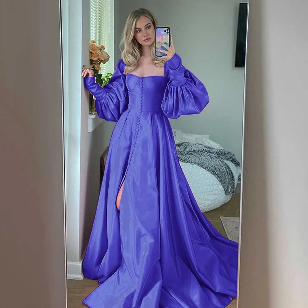 Bishop Sleeves High Slit Taffeta Long Gowns