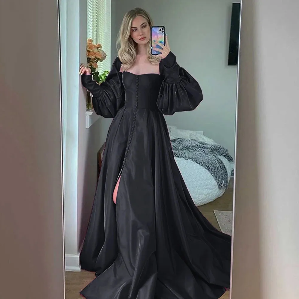 Bishop Sleeves High Slit Taffeta Long Gowns