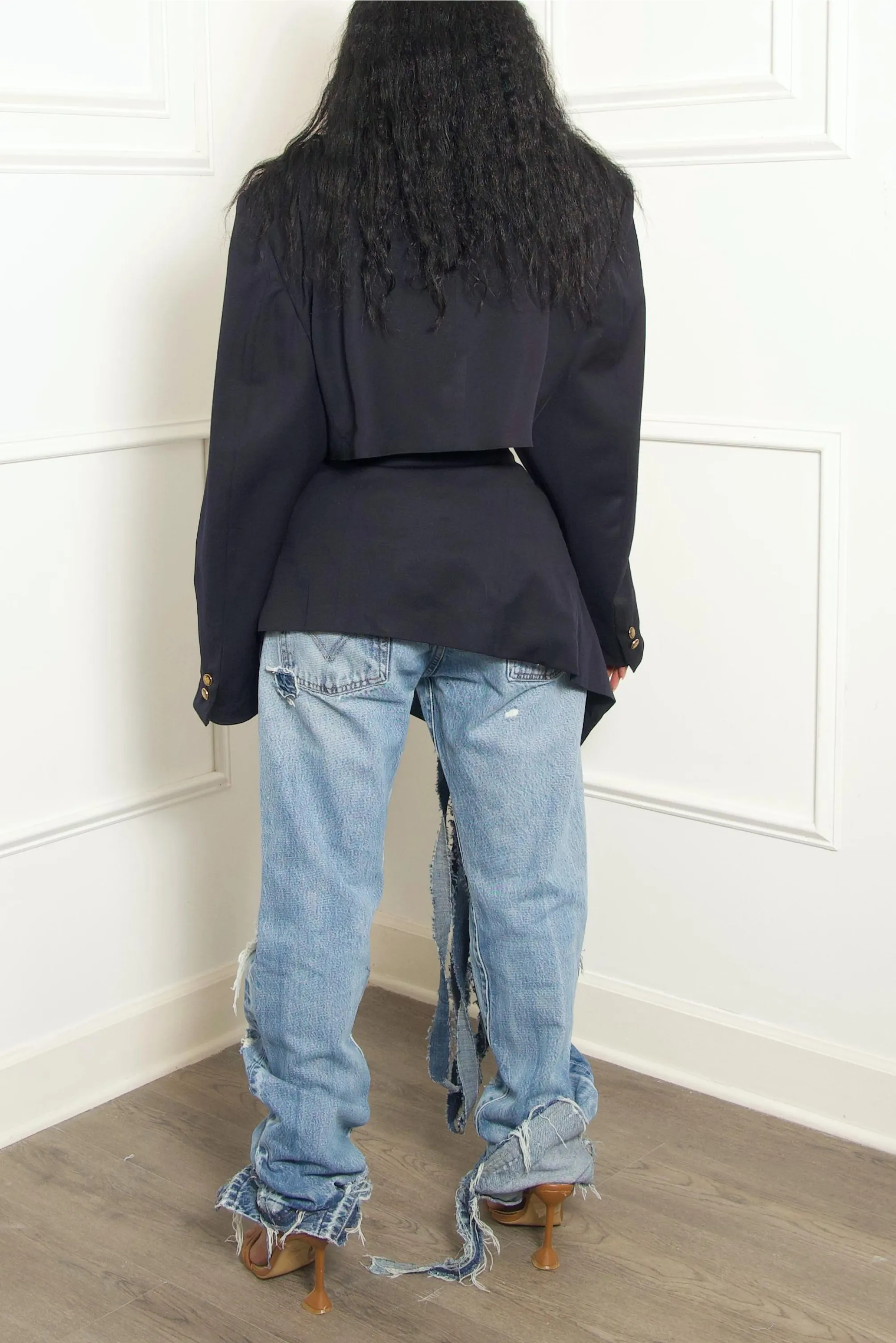Black Golden button Vintage Two piece suit Denim fringe