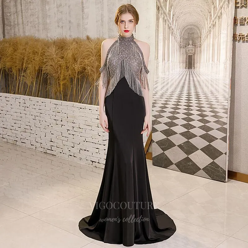 Black Mermaid Halter Neck Beaded Prom Dress 20268