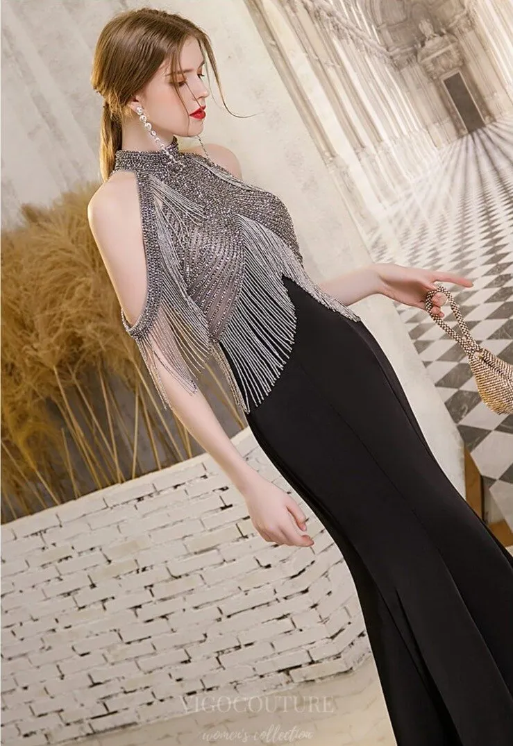 Black Mermaid Halter Neck Beaded Prom Dress 20268