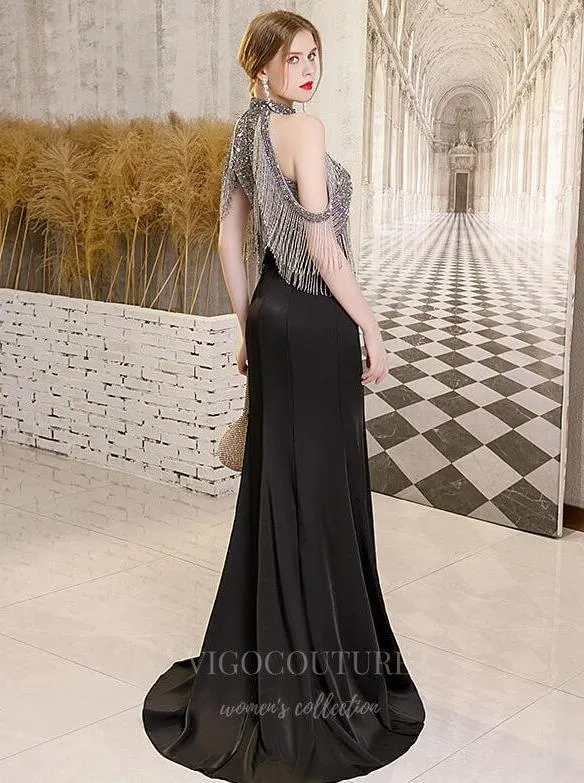 Black Mermaid Halter Neck Beaded Prom Dress 20268