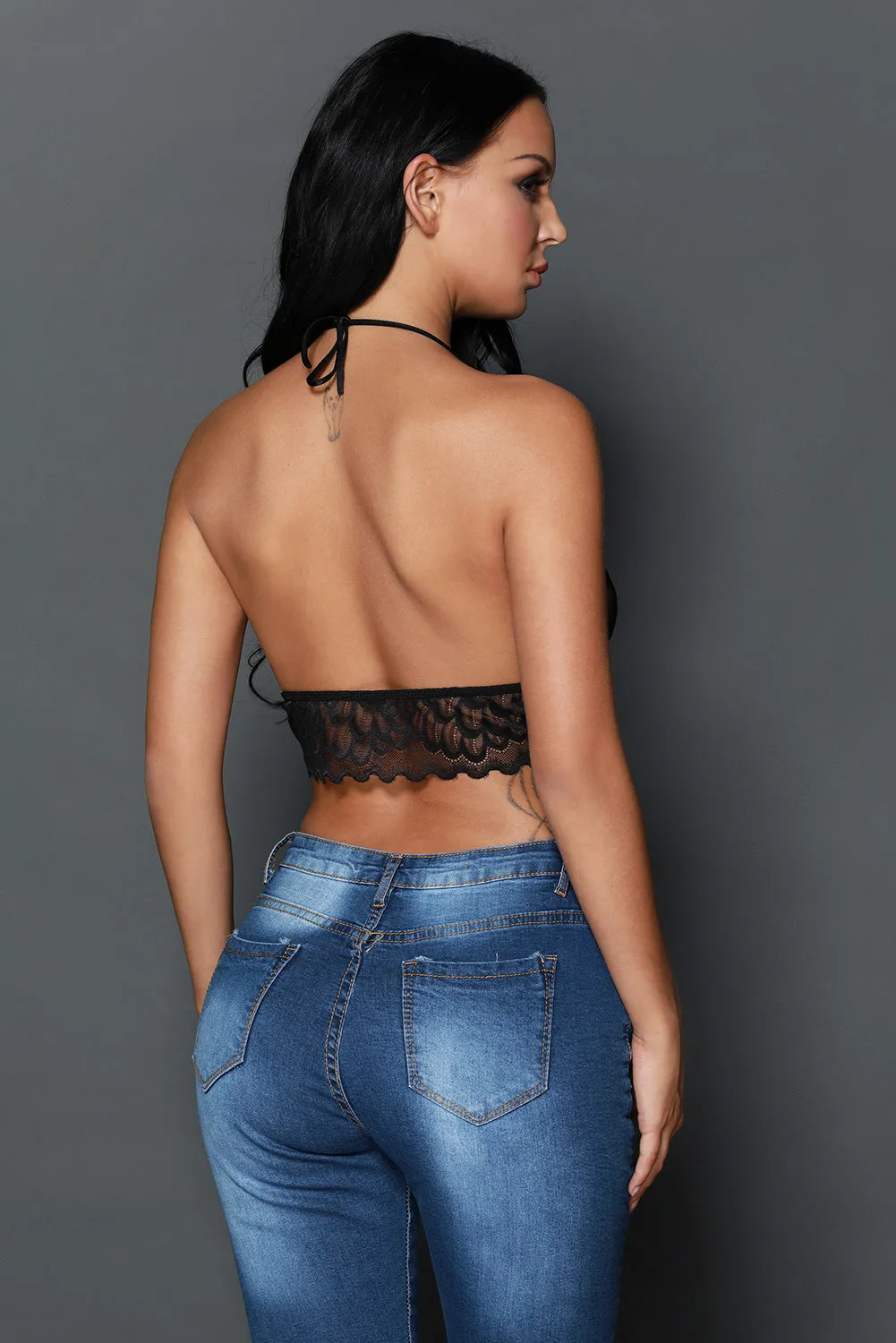 Black Sheer Scalloped Lace Halter Bralette Top