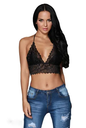 Black Sheer Scalloped Lace Halter Bralette Top
