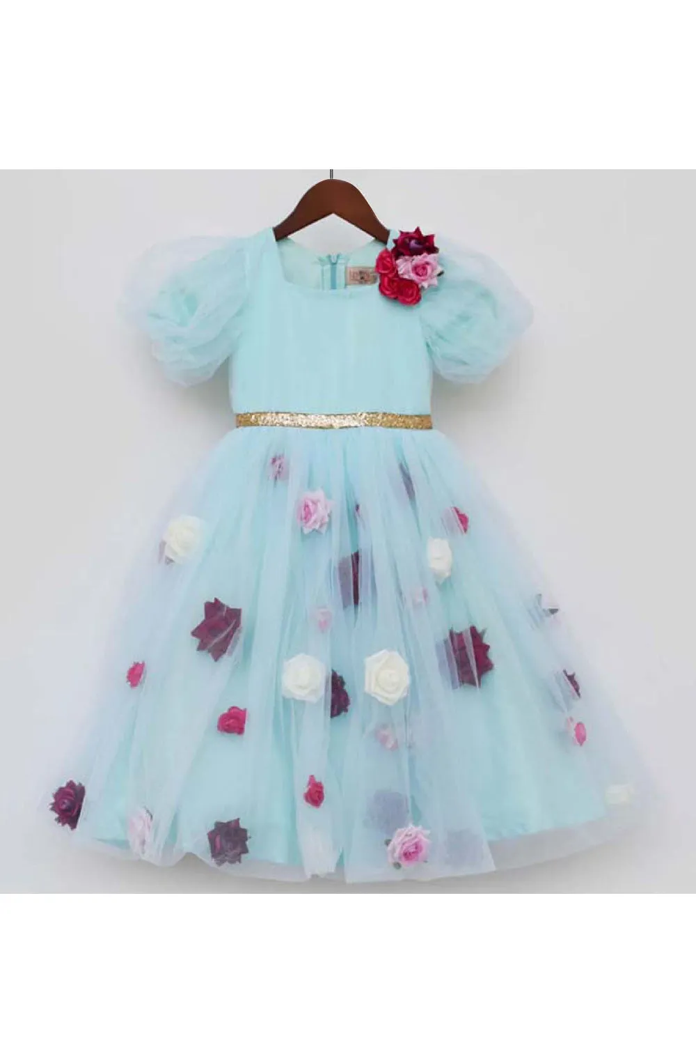 Blue 3D Flower Embroidered And Sequins Detailing Net Dress