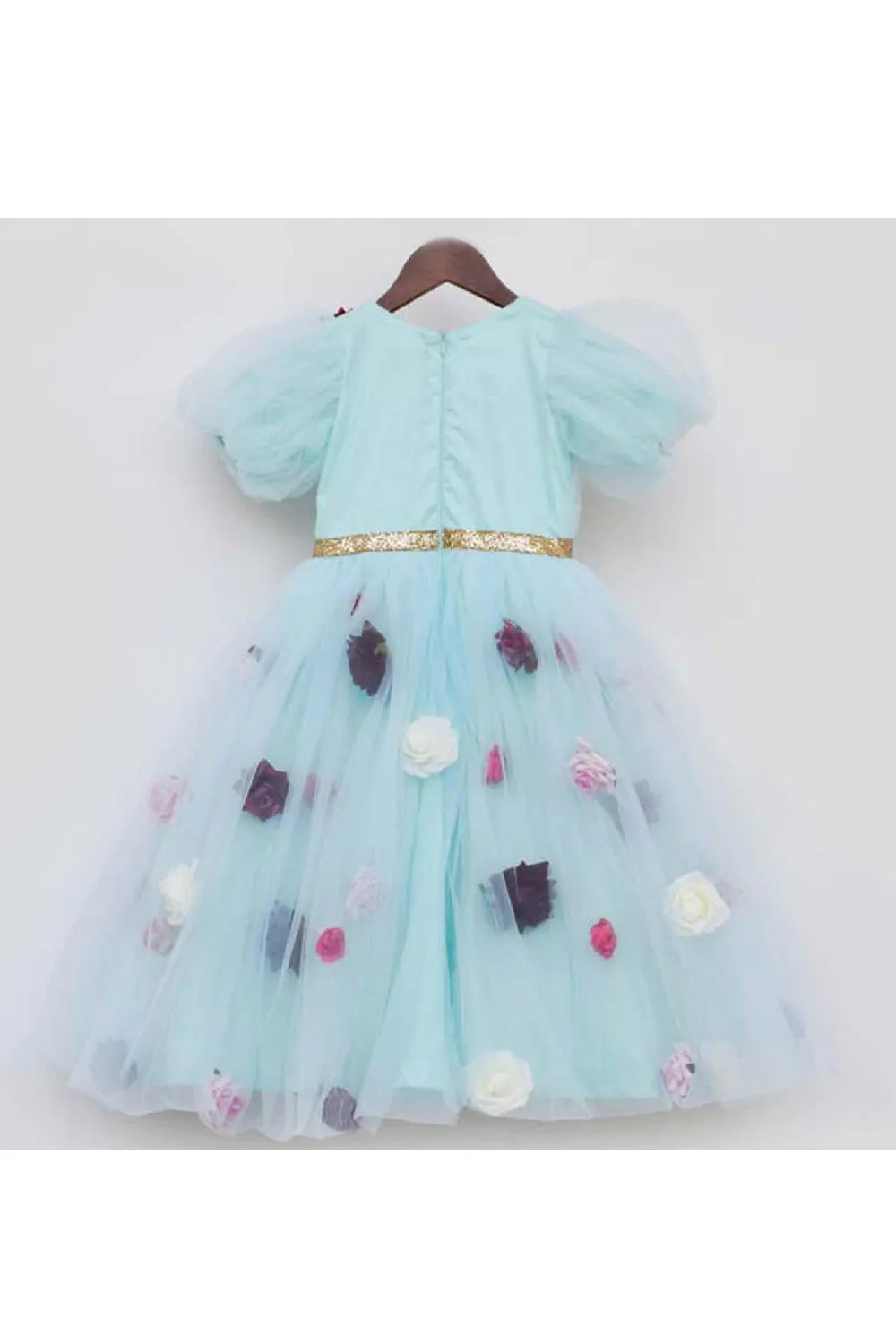 Blue 3D Flower Embroidered And Sequins Detailing Net Dress