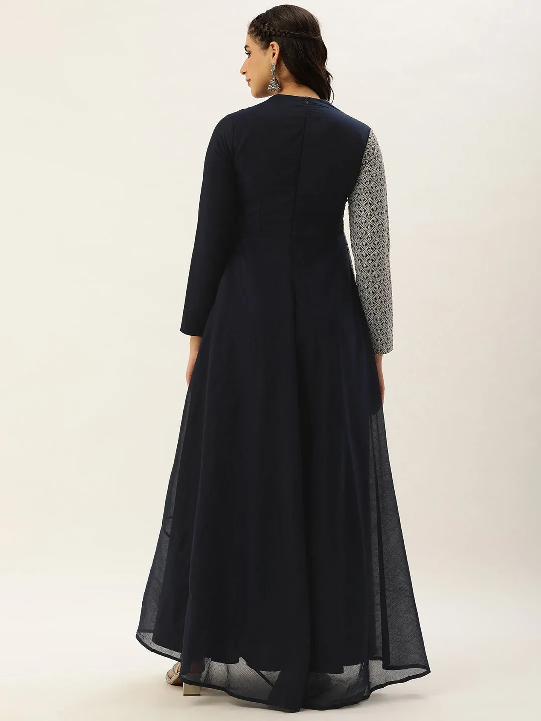 Blue Embroidered Art Silk Half & Half Gown