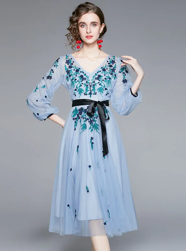 Blue Gauze Embroidered Tulle Dress