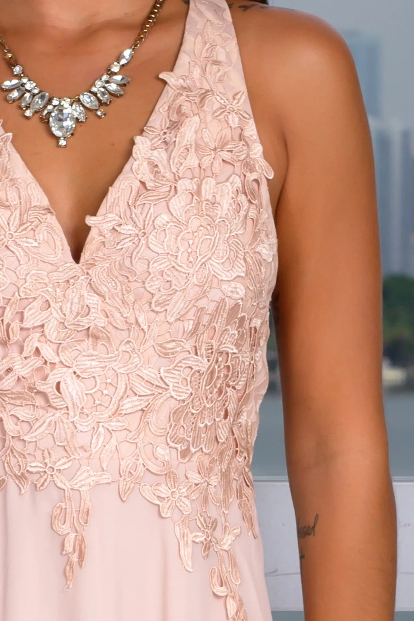 Blush Maxi Dress with Embroidered Top and Criss Cross Back