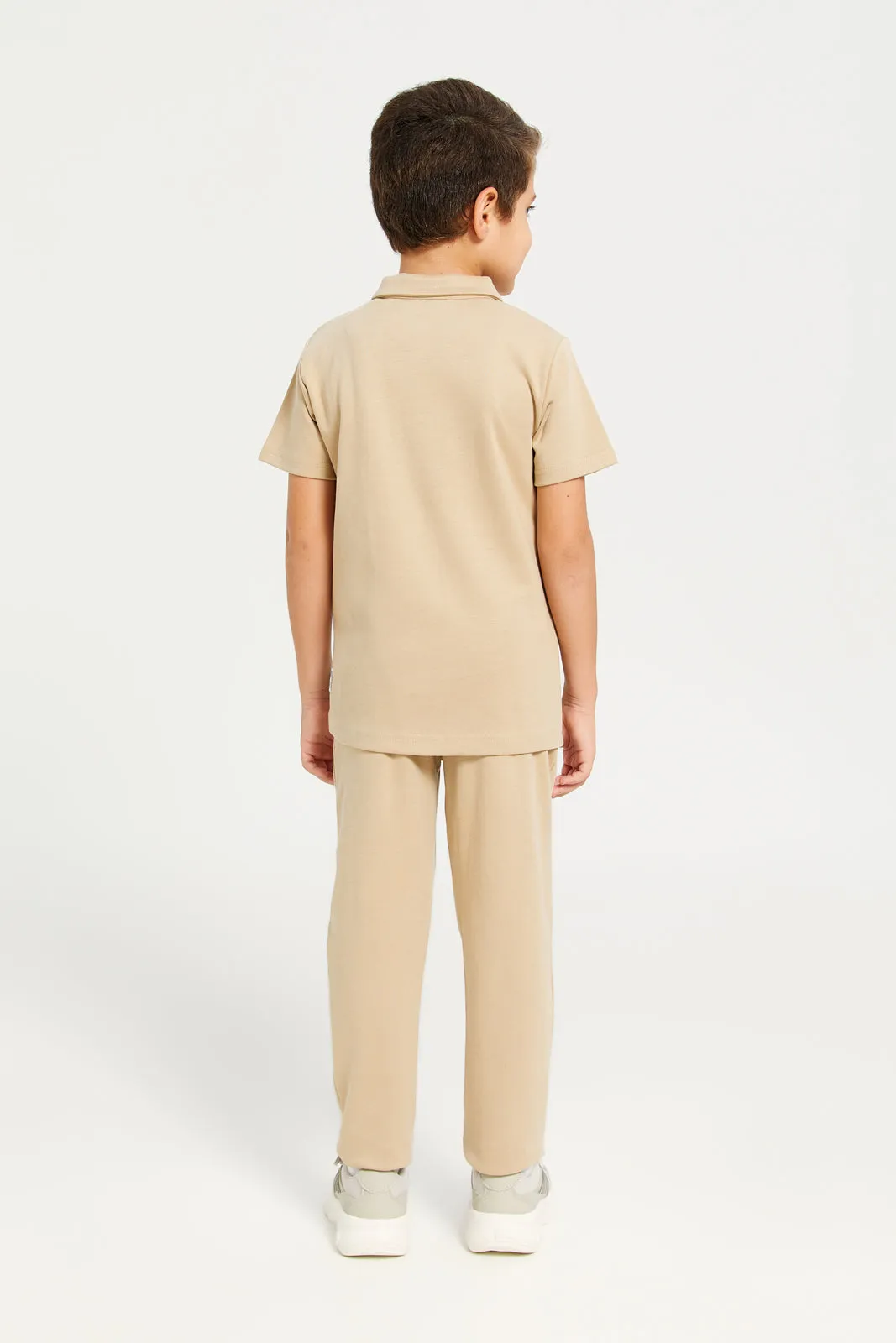 Boys Beige Zipper Polo Shirt With Pant Set (2 Piece)