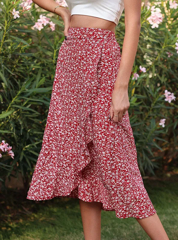 Broken Red Print Irregular Skirt