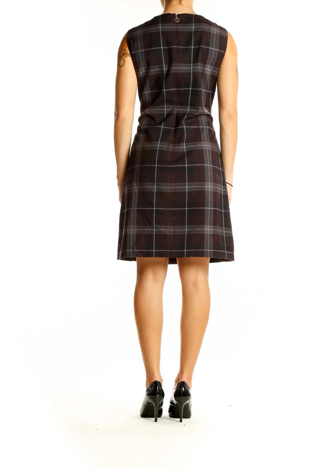 Brown Plaid Sleeveless Sheath Dress