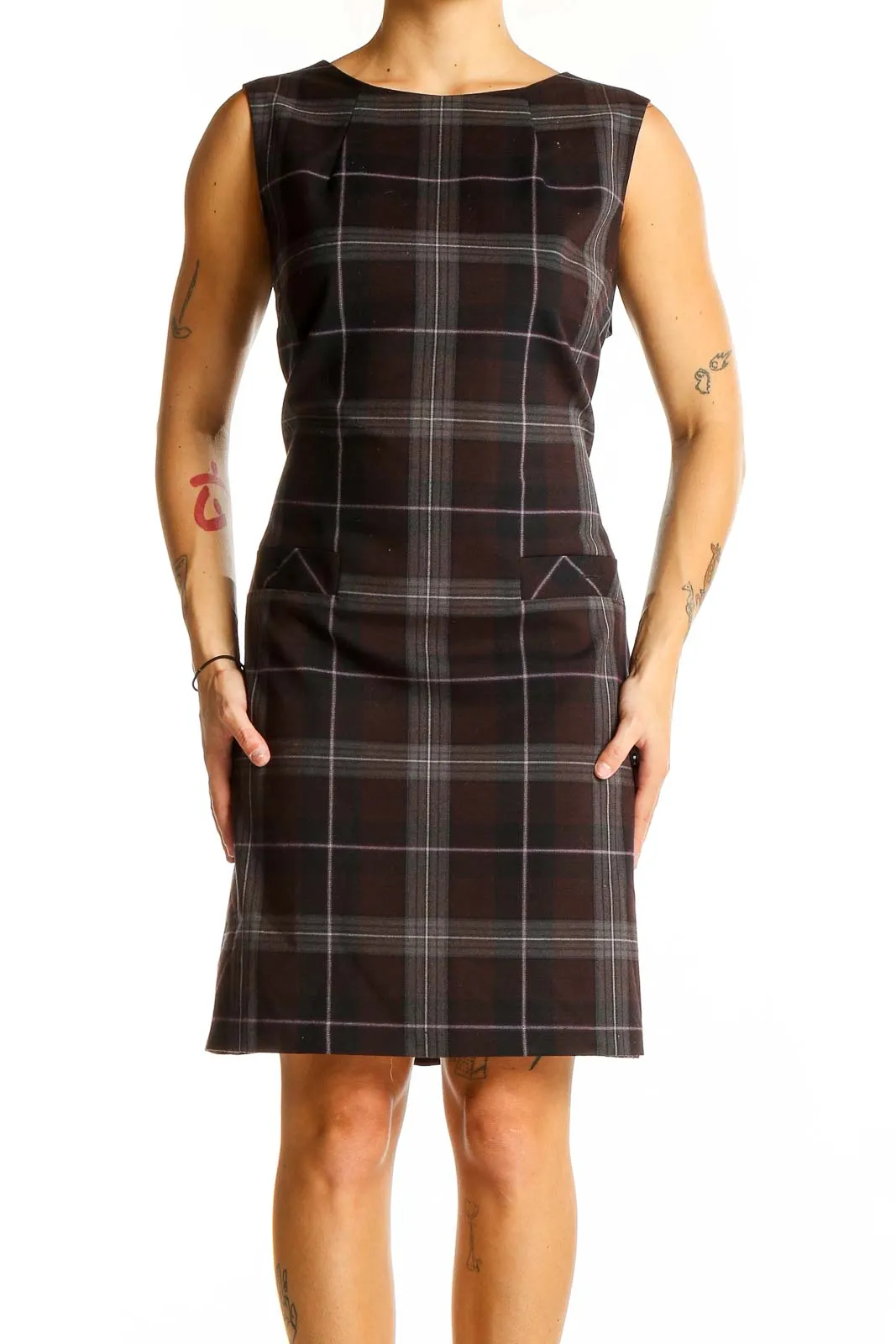Brown Plaid Sleeveless Sheath Dress