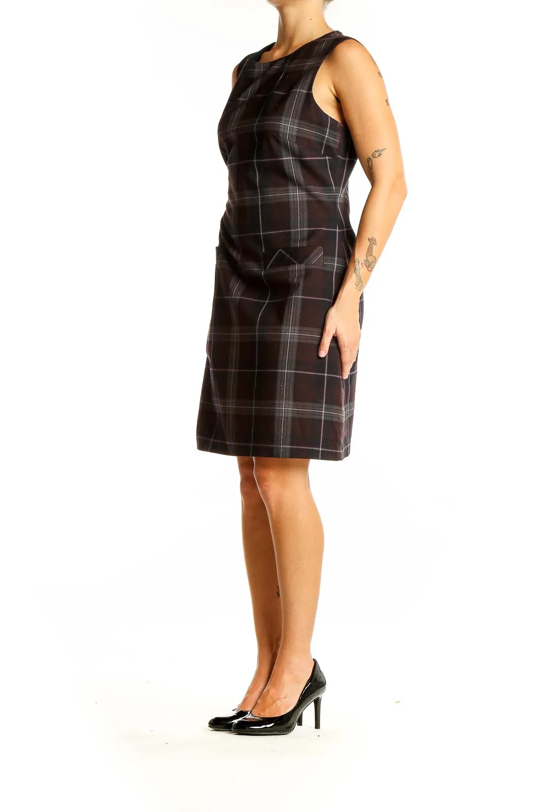 Brown Plaid Sleeveless Sheath Dress