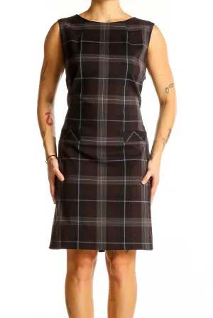 Brown Plaid Sleeveless Sheath Dress