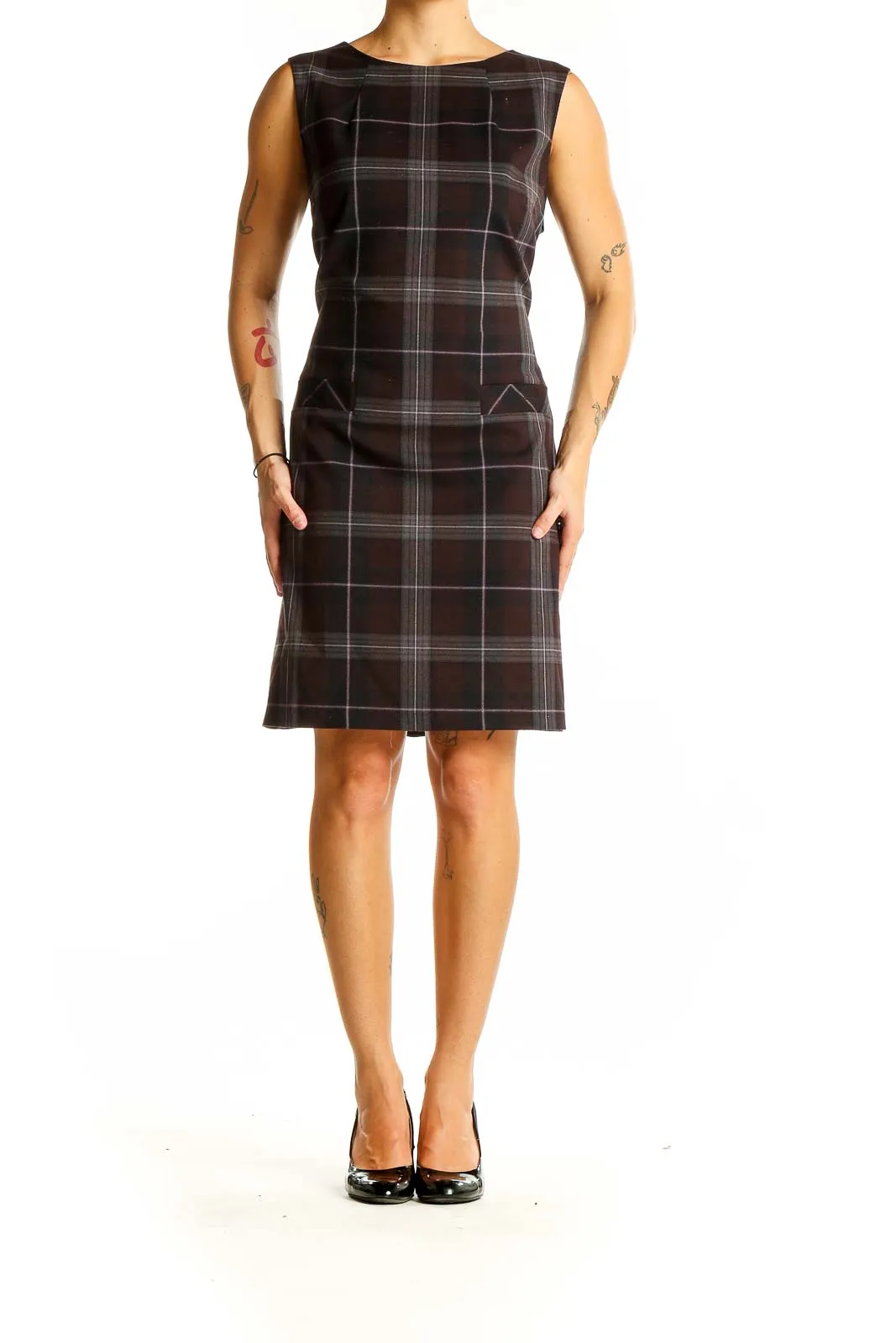 Brown Plaid Sleeveless Sheath Dress