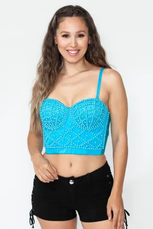 C-Blue Pearl Criss Cross Pattern Corset Crop Top