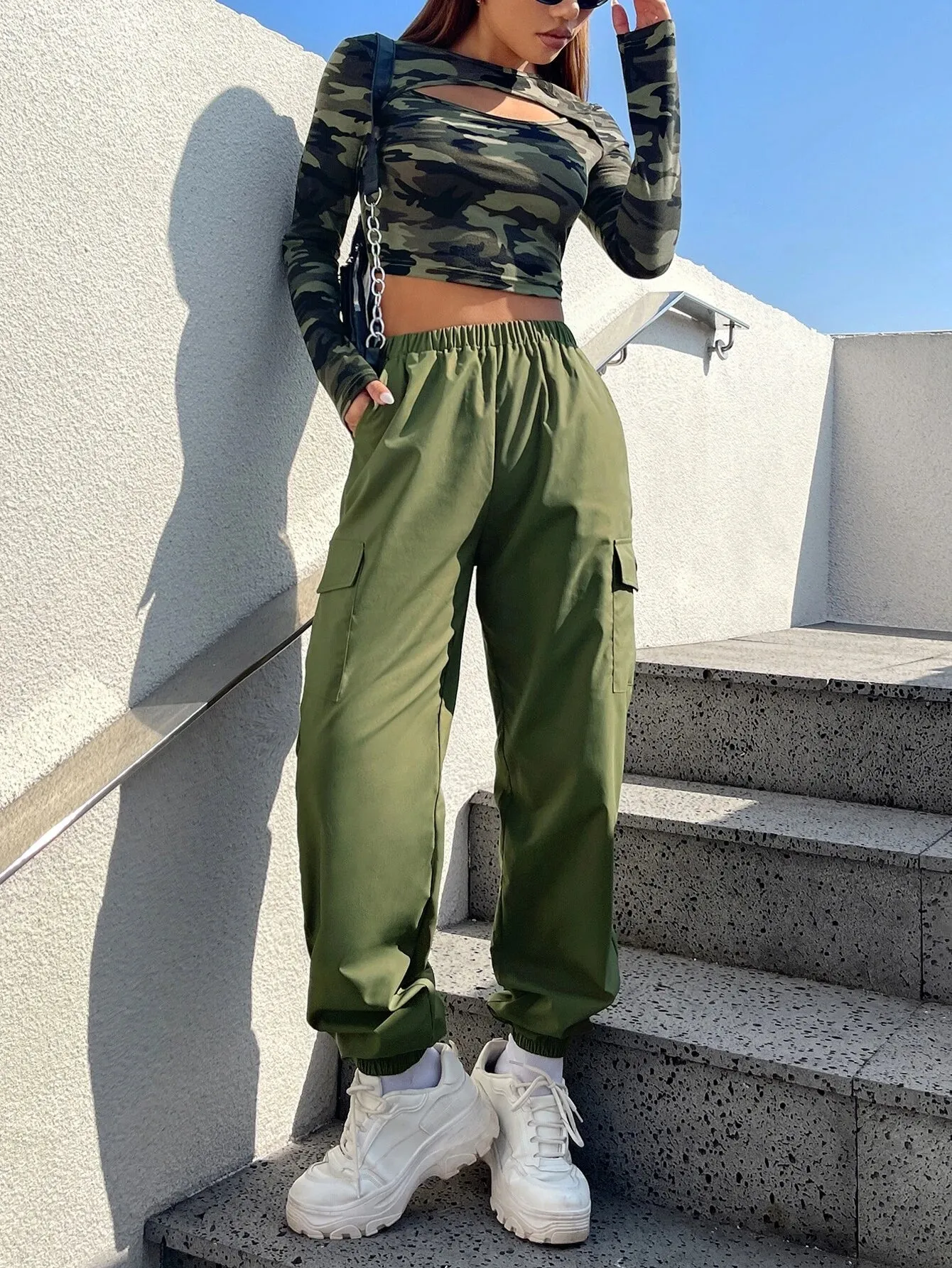 Camo Print Crop Tee And Cargo Pants