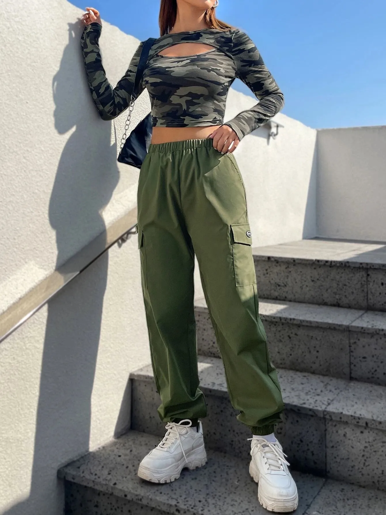 Camo Print Crop Tee And Cargo Pants