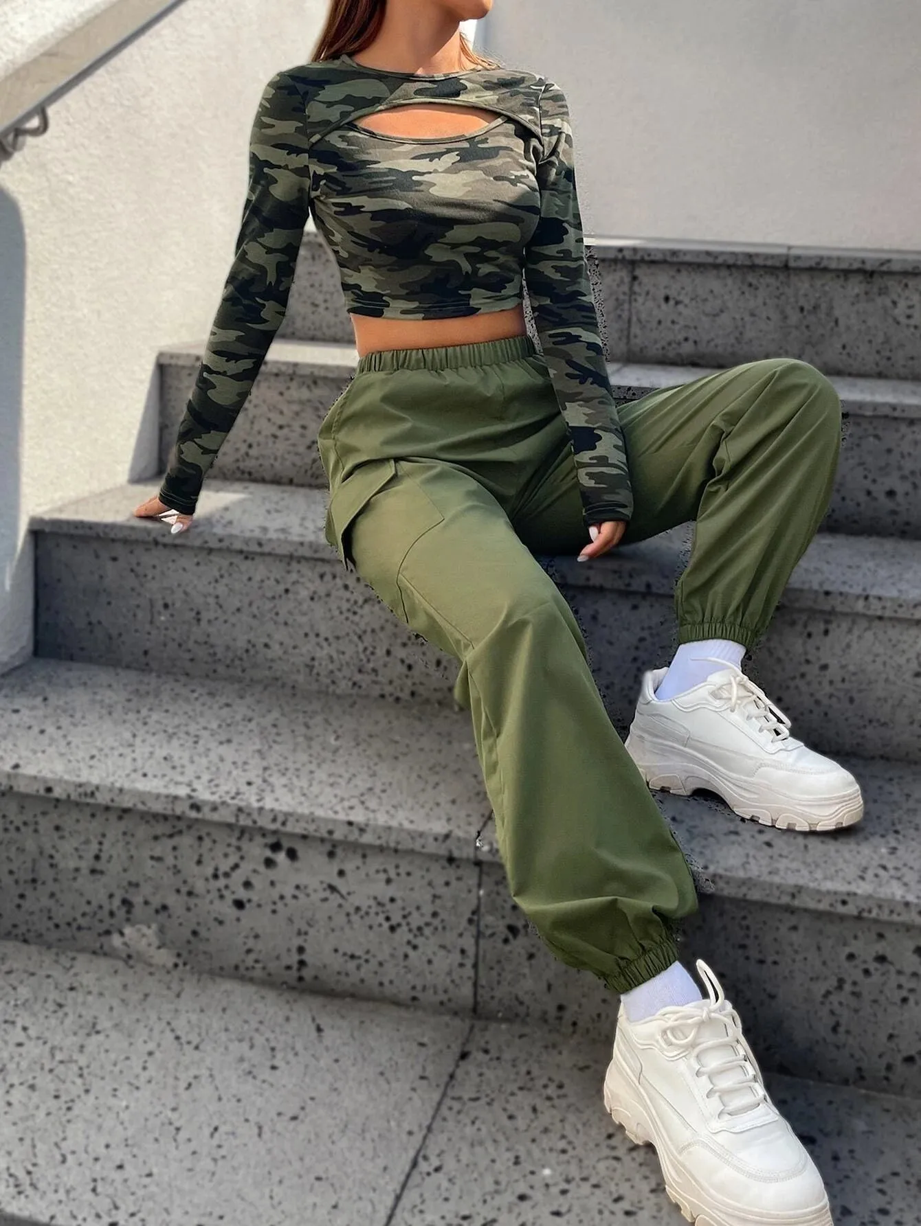 Camo Print Crop Tee And Cargo Pants