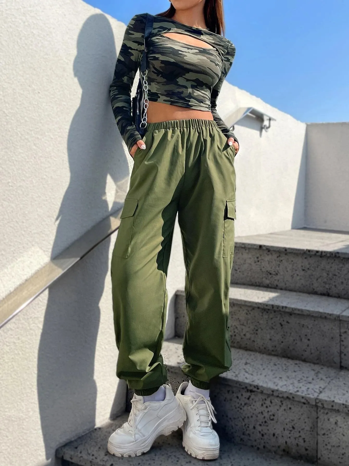 Camo Print Crop Tee And Cargo Pants