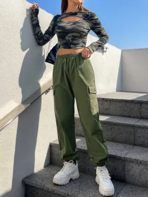 Camo Print Crop Tee And Cargo Pants