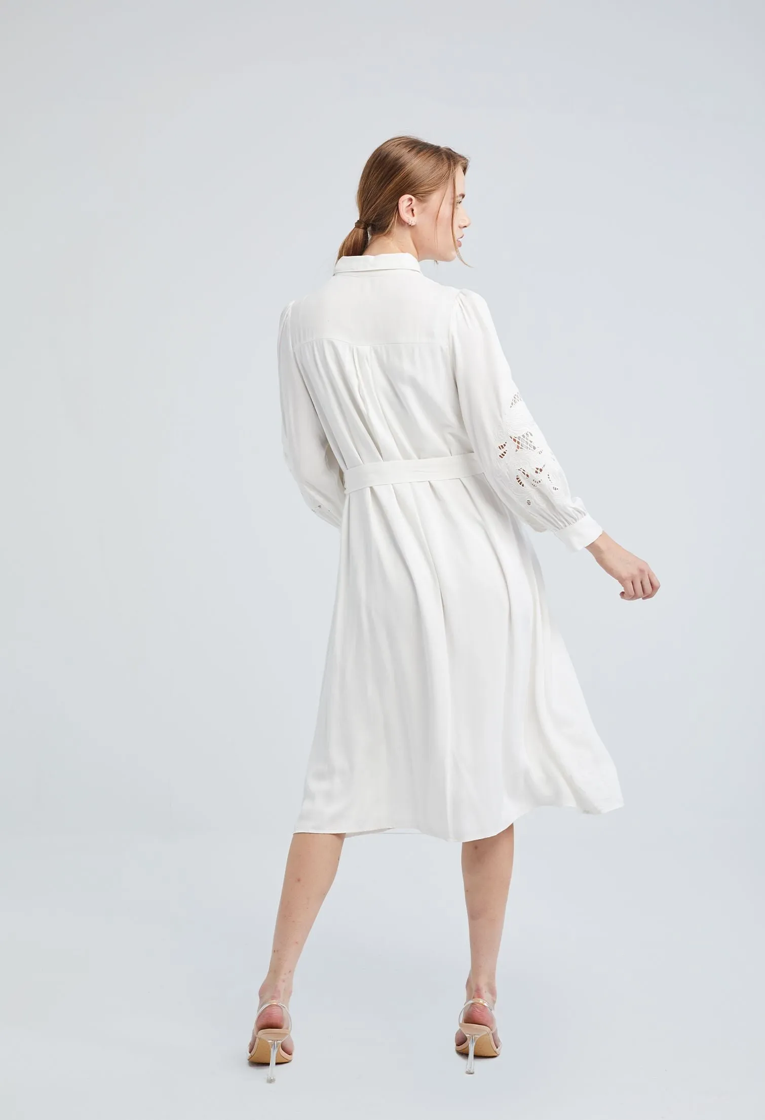 Embroidered Balloon Sleeve Belted Midi Dress