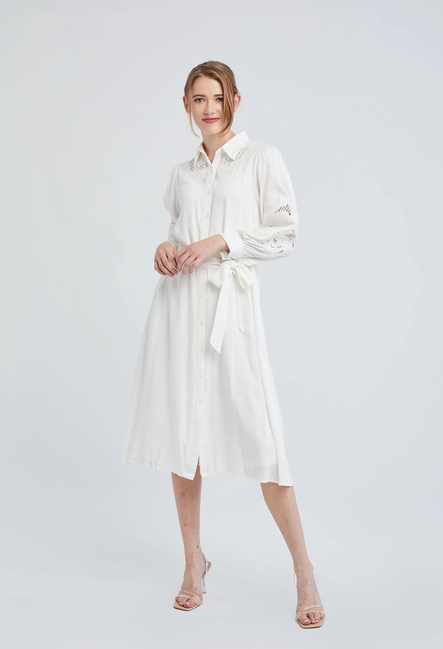 Embroidered Balloon Sleeve Belted Midi Dress